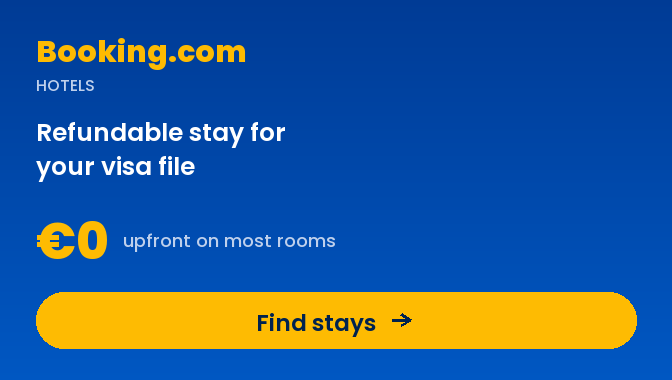 Booking.com refundable hotel stay for a Schengen visa file, €0 upfront on most rooms with a printable confirmation